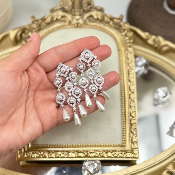Elegant Cubic Zirconia Pearl Drop Statement Earrings Perfect for Special Occasio - Picture 6 of 12